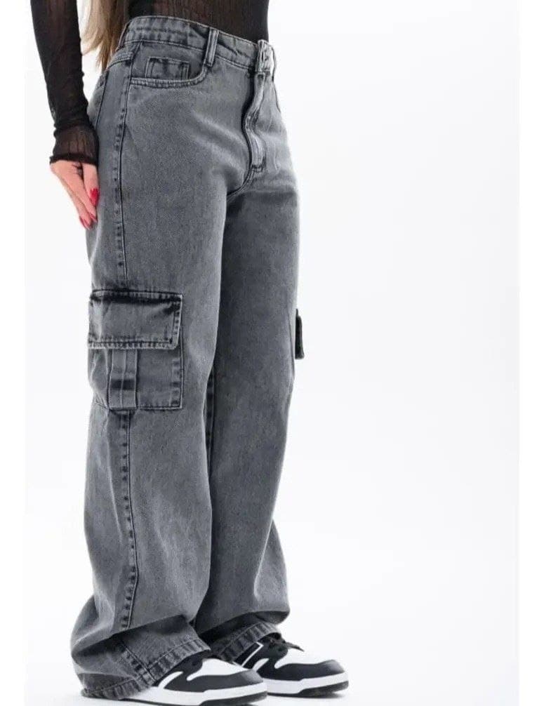 Calça Cargo Feminina Wide Leg Cintura Alta Jeans Stillger